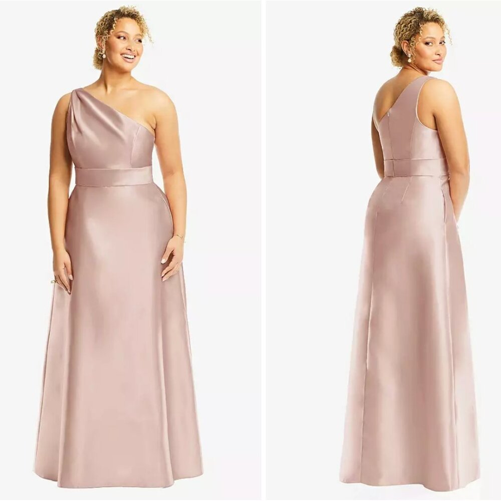 Alfred Sung Draped One-Shoulder‎ Satin Maxi Dress Pockets Toasted Sugar 4 AS IS
